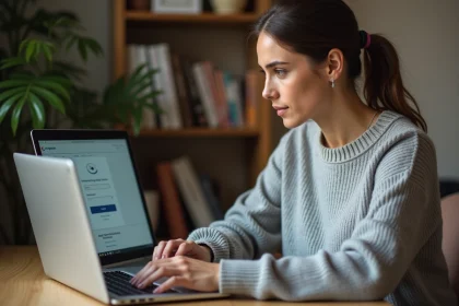 Femme accédant à son compte en ligne CA56 sur un ordinateur portable depuis son bureau à domicile