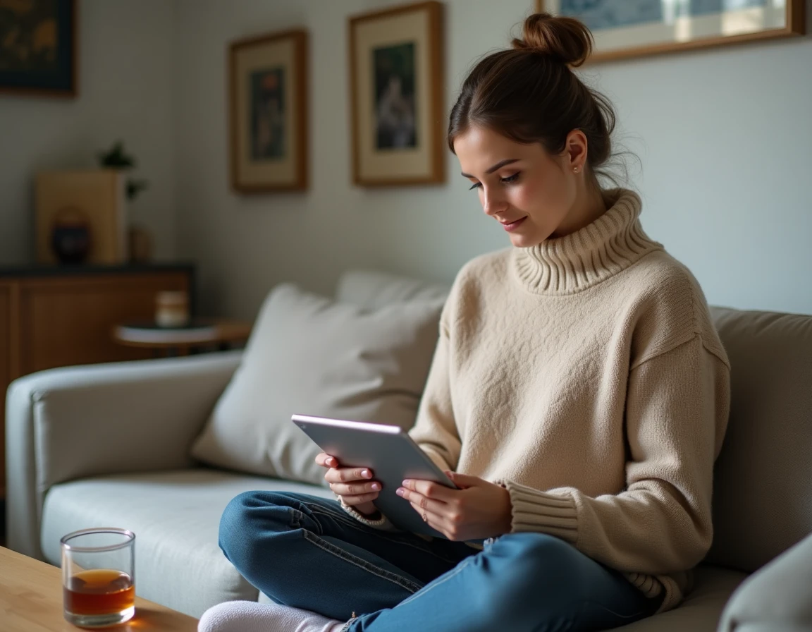 Jeune femme consultant et téléchargeant ses documents Arkevia depuis une tablette dans un environnement domestique