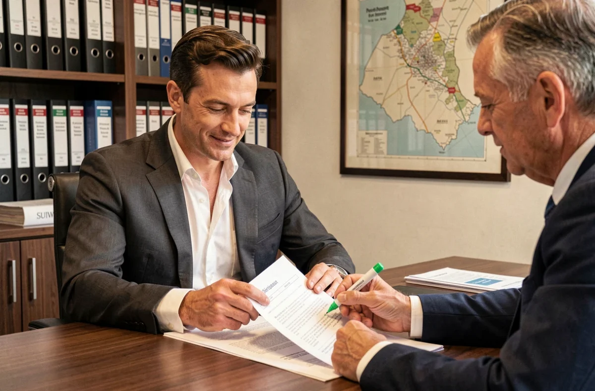 Un courtier ACE Crédit Périgueux examine un contrat de prêt immobilier avec un client dans son bureau professionnel