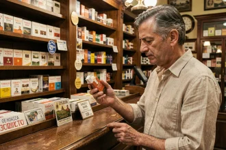 Un homme achetant un paquet de cigarettes dans un bureau de tabac italien, examinant le prix affiché