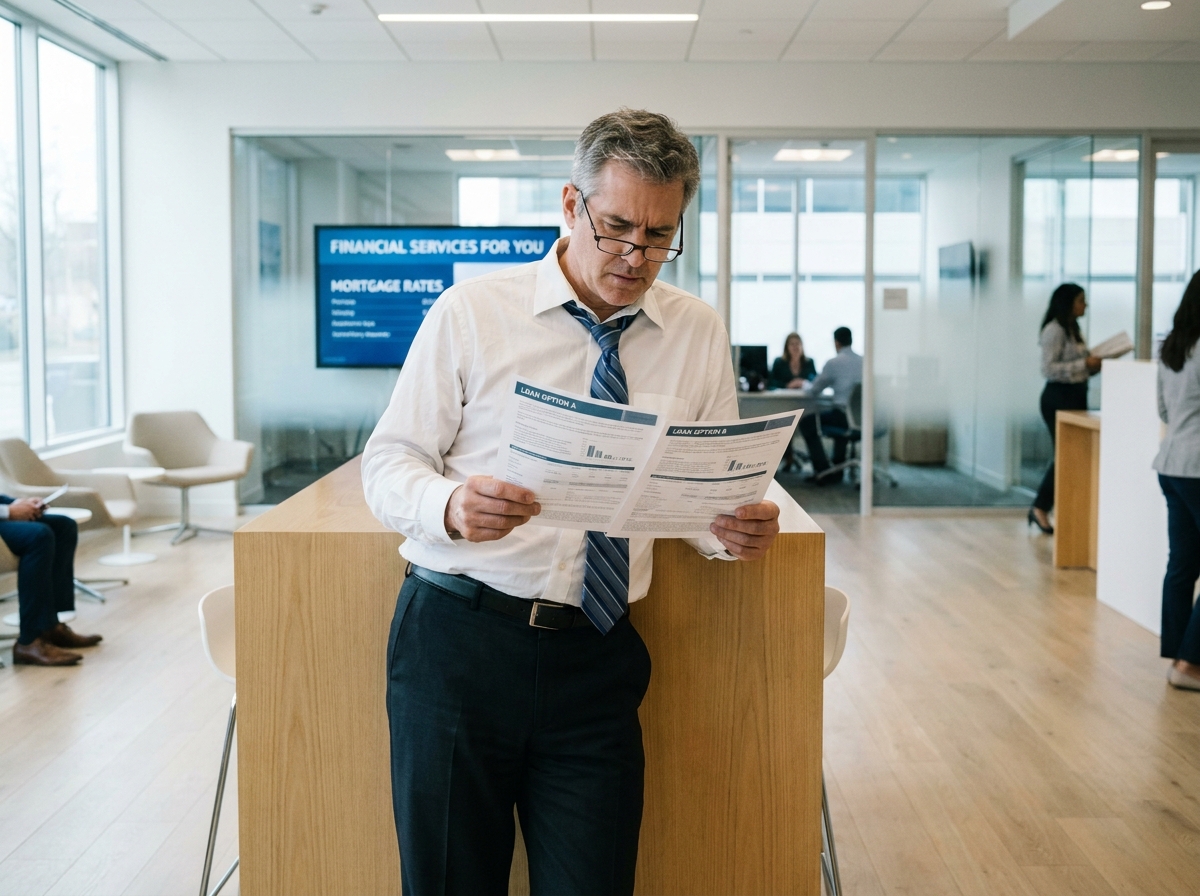 Employé de la fonction publique comparant des offres de regroupement de prêts dans une agence bancaire