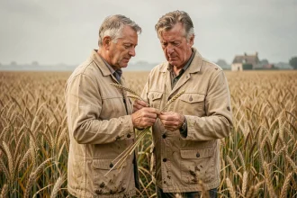 Agriculteur français examinant un épi de blé dans un champ doré en fin de saison estivale