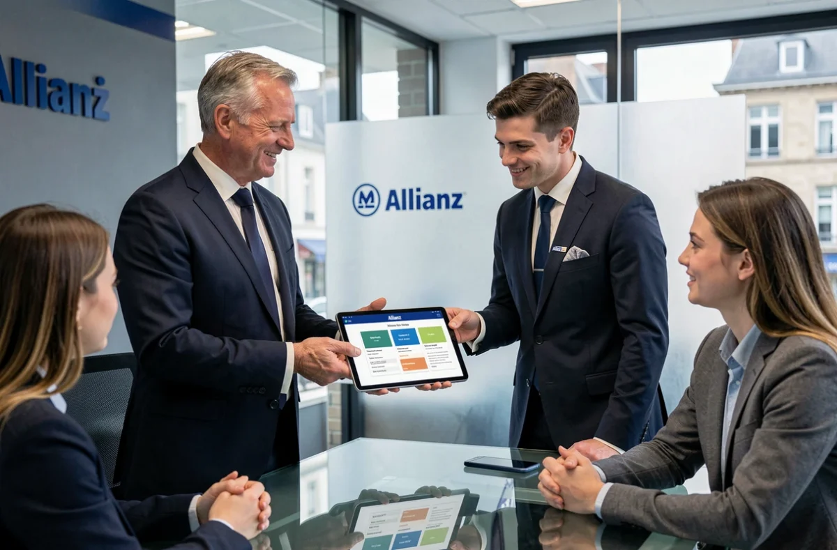 Un conseiller Allianz présentant des plans sur tablette à un couple dans l'agence de Douai