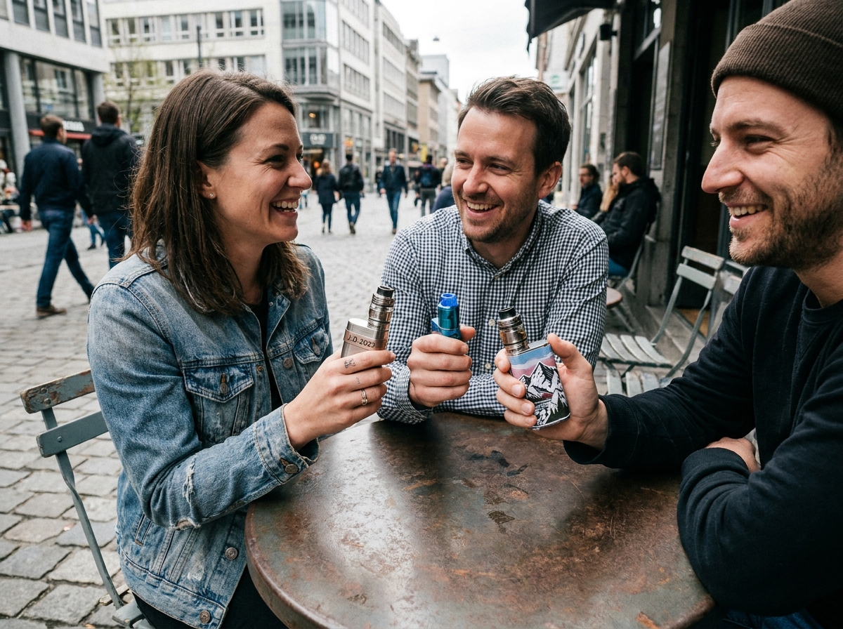 Groupe d'amis adultes comparant leurs vapes personnalisées en terrasse de café pour distinguer facilement leur matériel