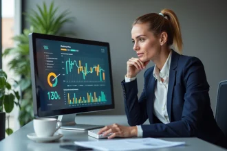 Femme analyste marketing examinant des graphiques de ROI et un tableau de bord budgétaire sur un écran d'ordinateur dans un bureau moderne