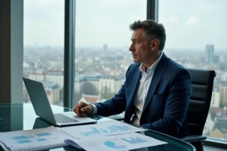 Analyste financier examinant des graphiques boursiers de l'action Thales dans un bureau d'entreprise moderne avec vue sur une ville européenne