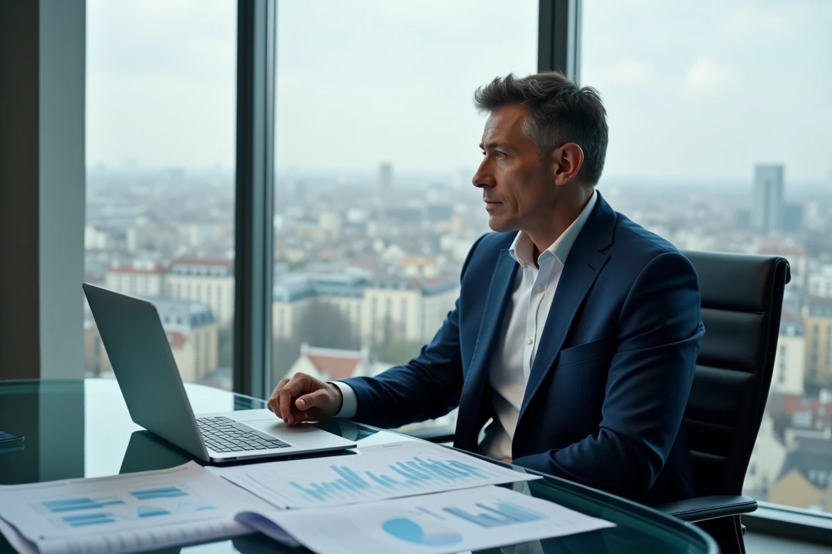 Analyste financier examinant des graphiques boursiers de l'action Thales dans un bureau d'entreprise moderne avec vue sur une ville européenne