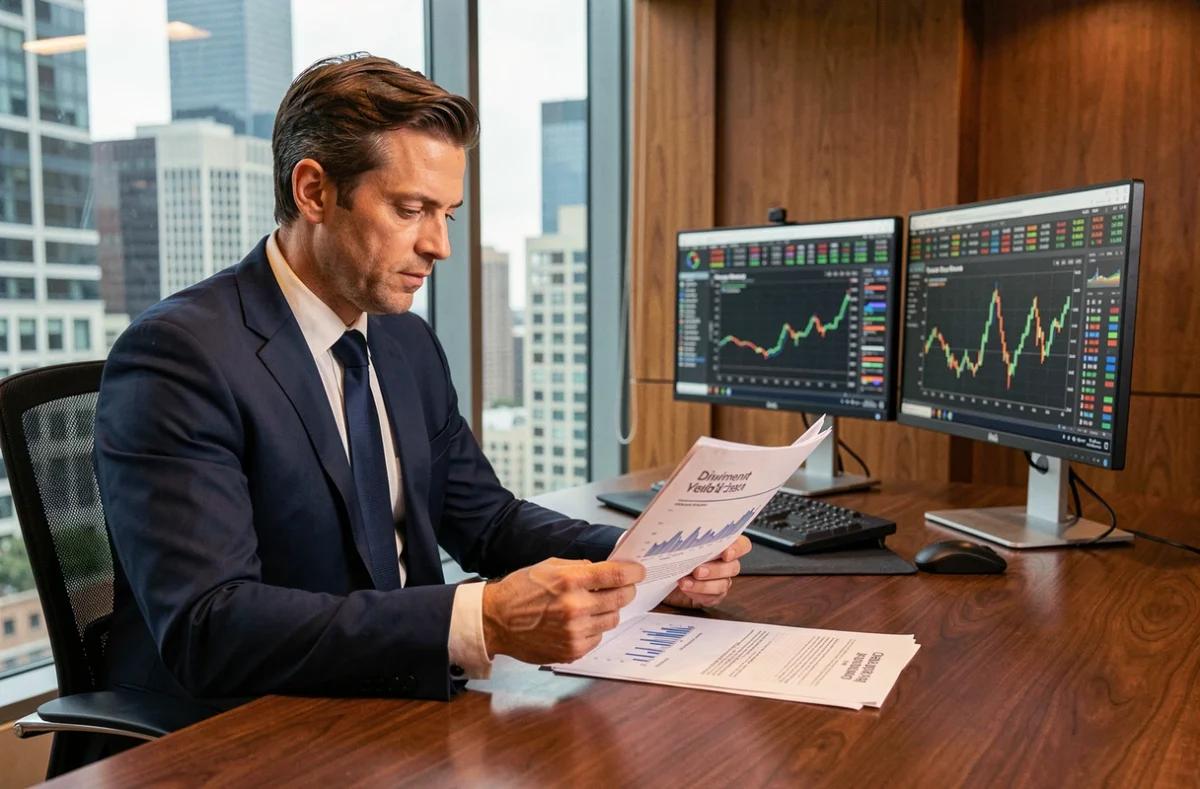Analyste financier examinant des rapports de dividendes et des graphiques boursiers dans un bureau corporatif moderne