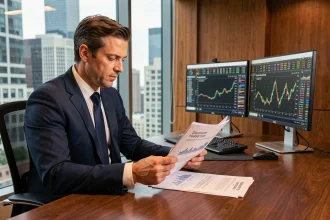 Analyste financier examinant des rapports de dividendes et des graphiques boursiers dans un bureau corporatif moderne