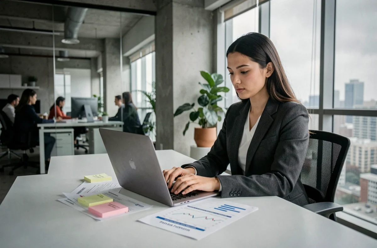 Femme analyste évaluant les conditions d'une prop firm pour trading algorithmique haute fréquence en espace de coworking