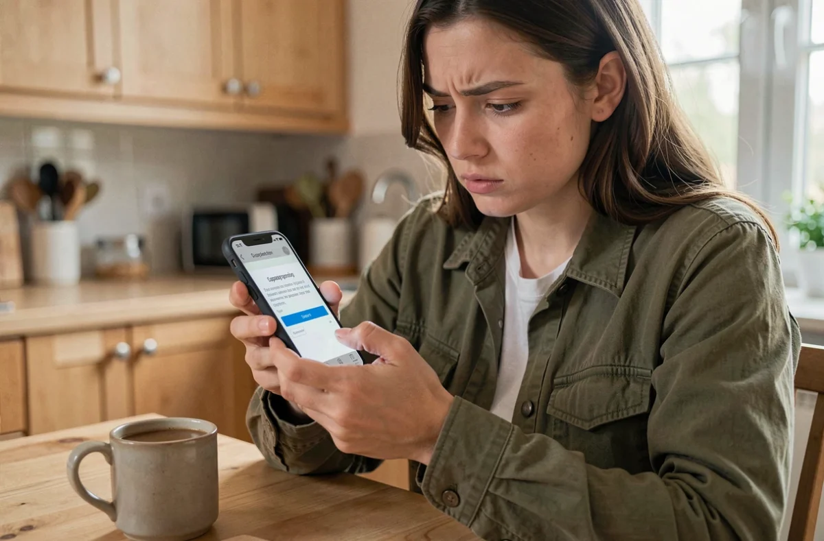 Jeune femme consultant son application bancaire sur smartphone pour débloquer sa carte après trois codes PIN erronés
