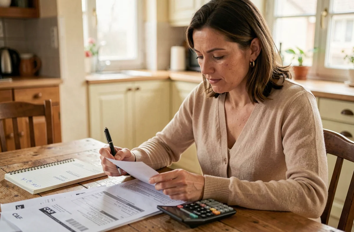 Assistante maternelle calculant ses heures en centièmes sur une feuille CAF avec une calculatrice posée sur une table en bois