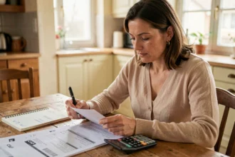 Assistante maternelle calculant ses heures en centièmes sur une feuille CAF avec une calculatrice posée sur une table en bois