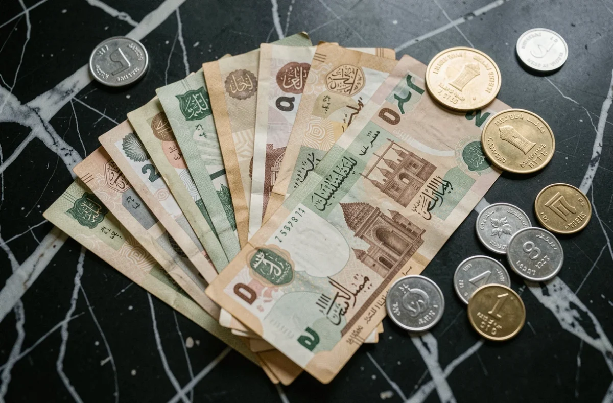Billets et pièces de dirham des Émirats arabes unis disposés sur une surface en marbre sombre
