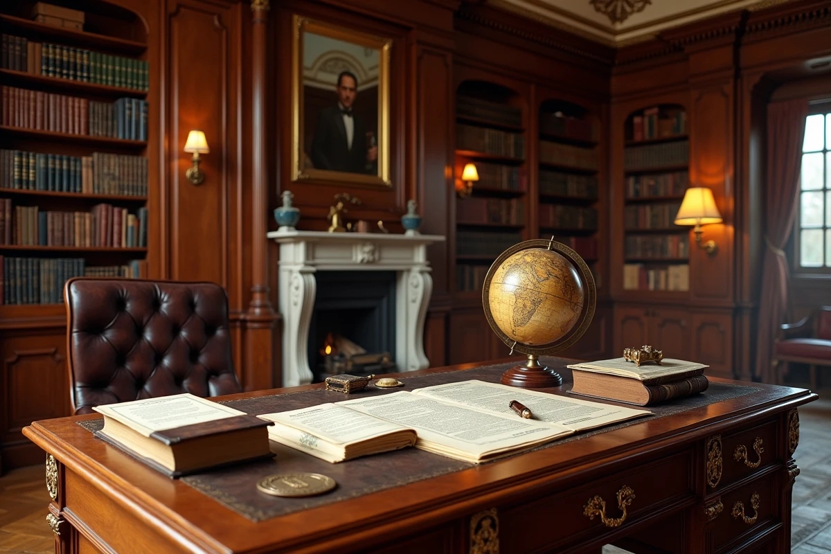 Bureau aristocratique français avec livres anciens, documents financiers et mobilier en chêne évoquant la richesse et le pouvoir d'un notable politique