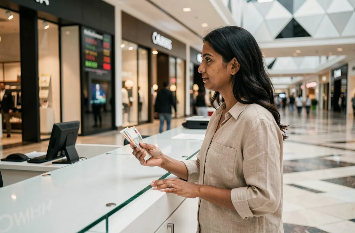 Femme changeant de la monnaie en dirhams dans un bureau de change d'un centre commercial à Dubaï