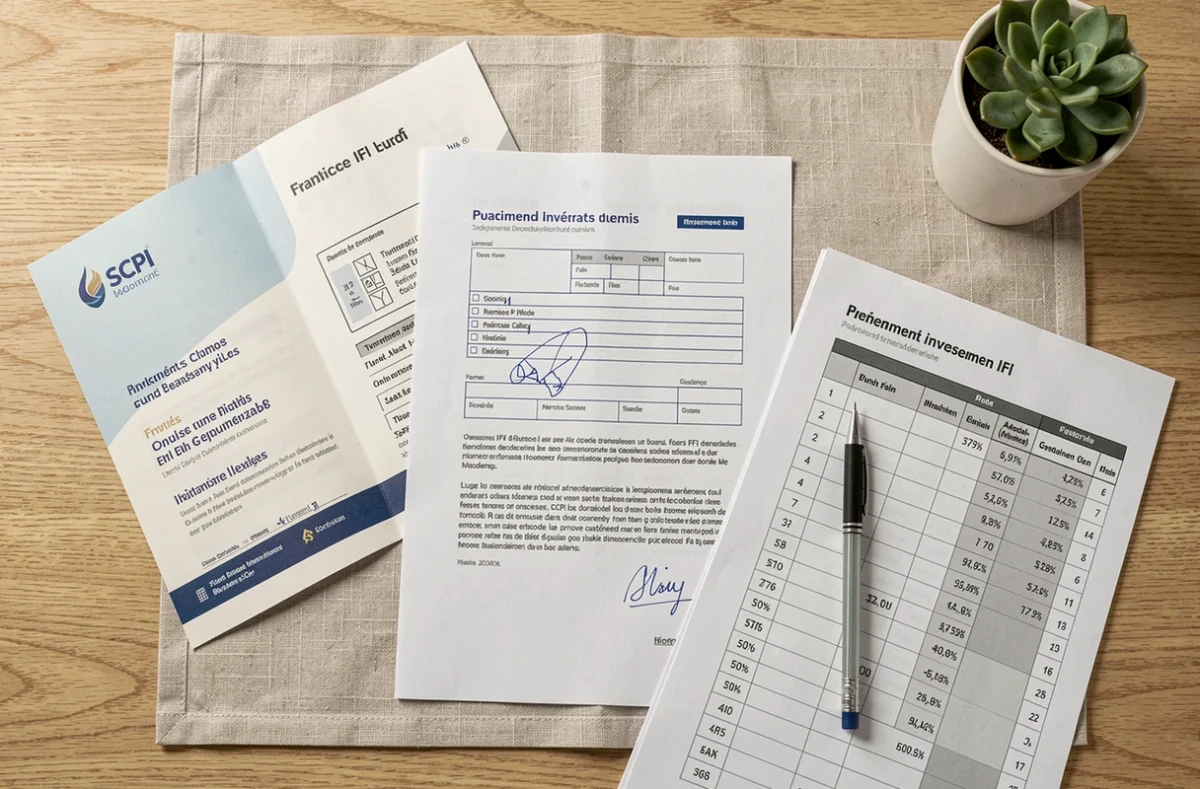Vue du dessus d'un bureau avec formulaire IFI, brochure SCPI et calculs d'abattement fiscal