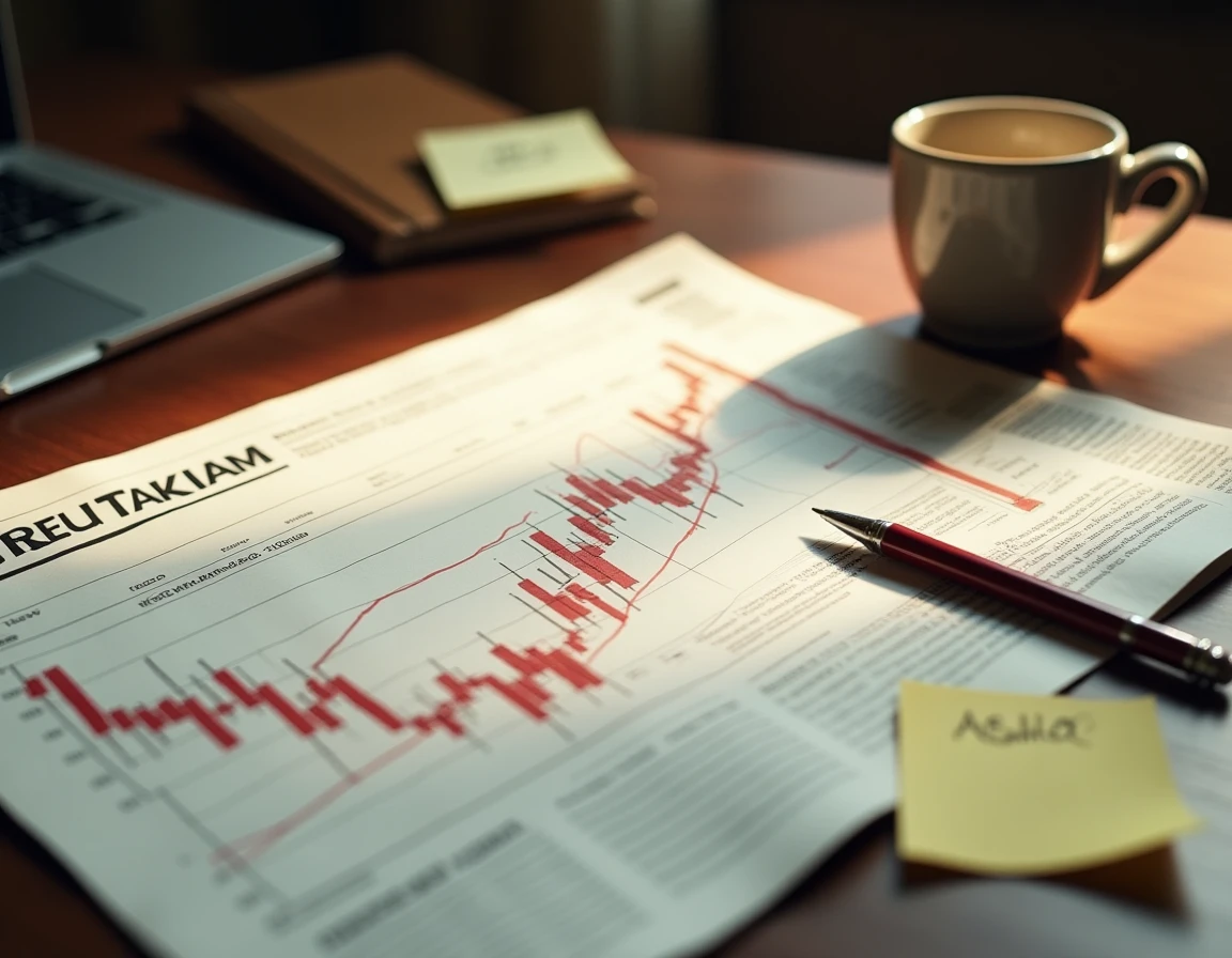 Vue aérienne d'un bureau avec journal financier et graphique boursier imprimé montrant une tendance baissière annotée au stylo rouge