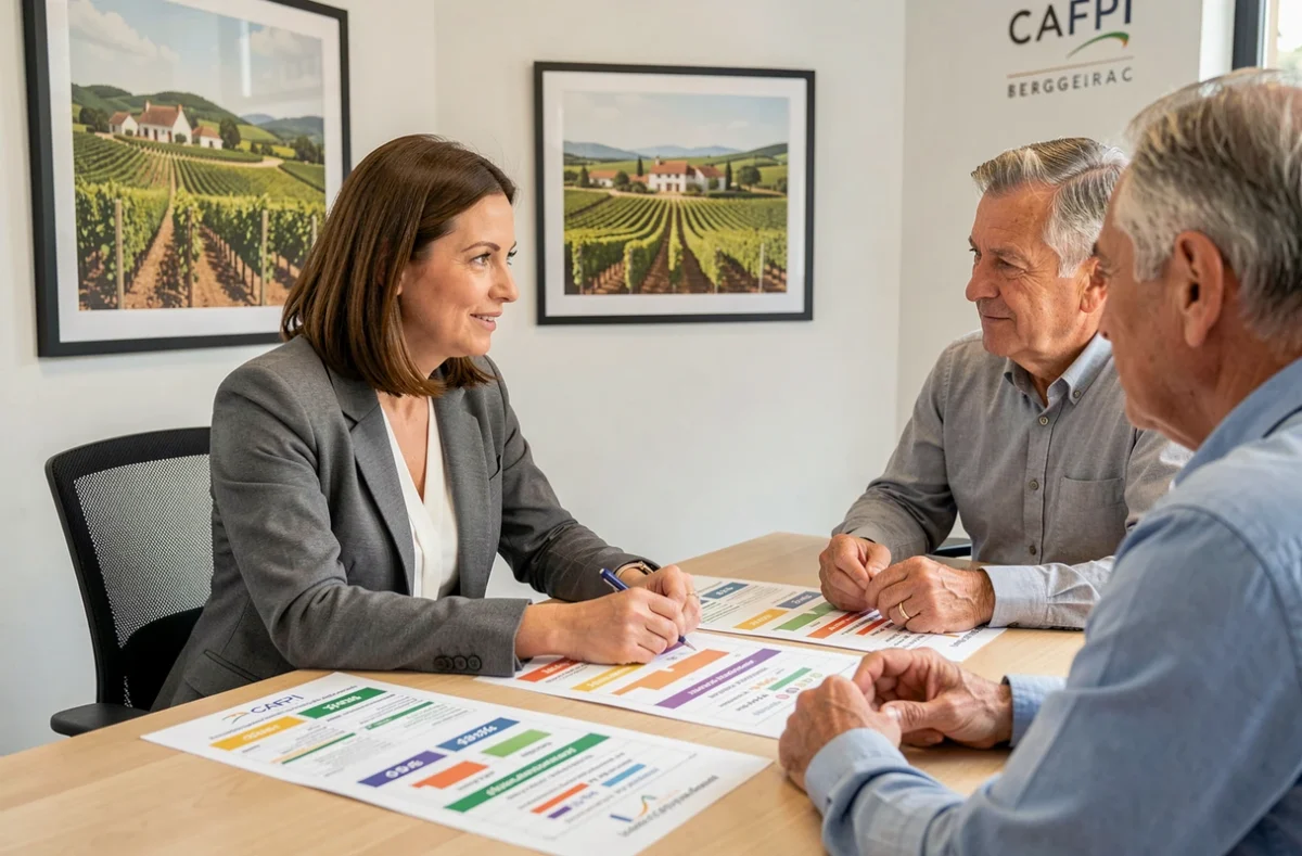 Une conseillère de CAFPI Bergerac présente des comparatifs de taux immobiliers à un couple en agence