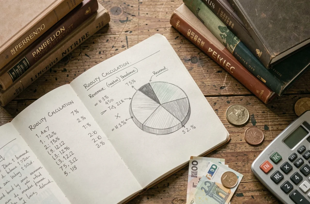 Vue aérienne d'un bureau d'écrivain avec un carnet de calcul de royalties, des livres publiés, une calculatrice et des billets en euros