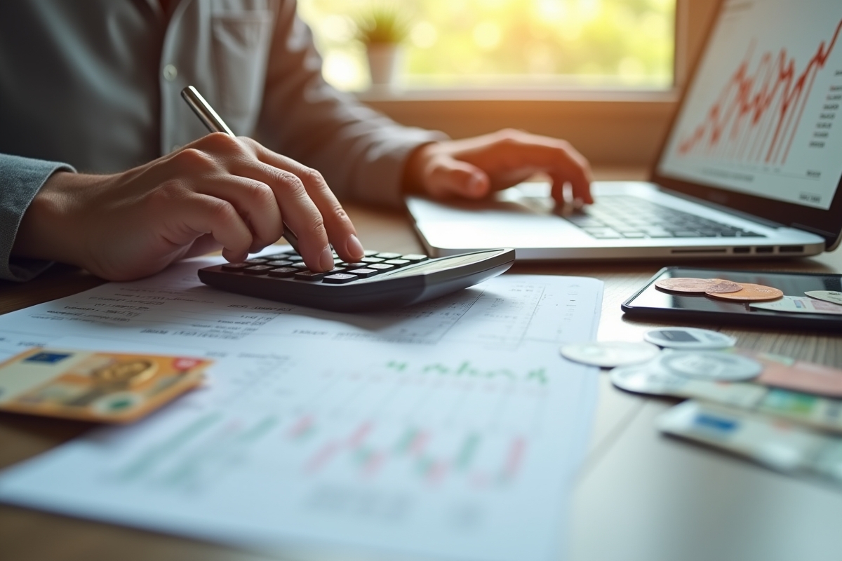 Mains utilisant calculatrice et feuilles de budget familial