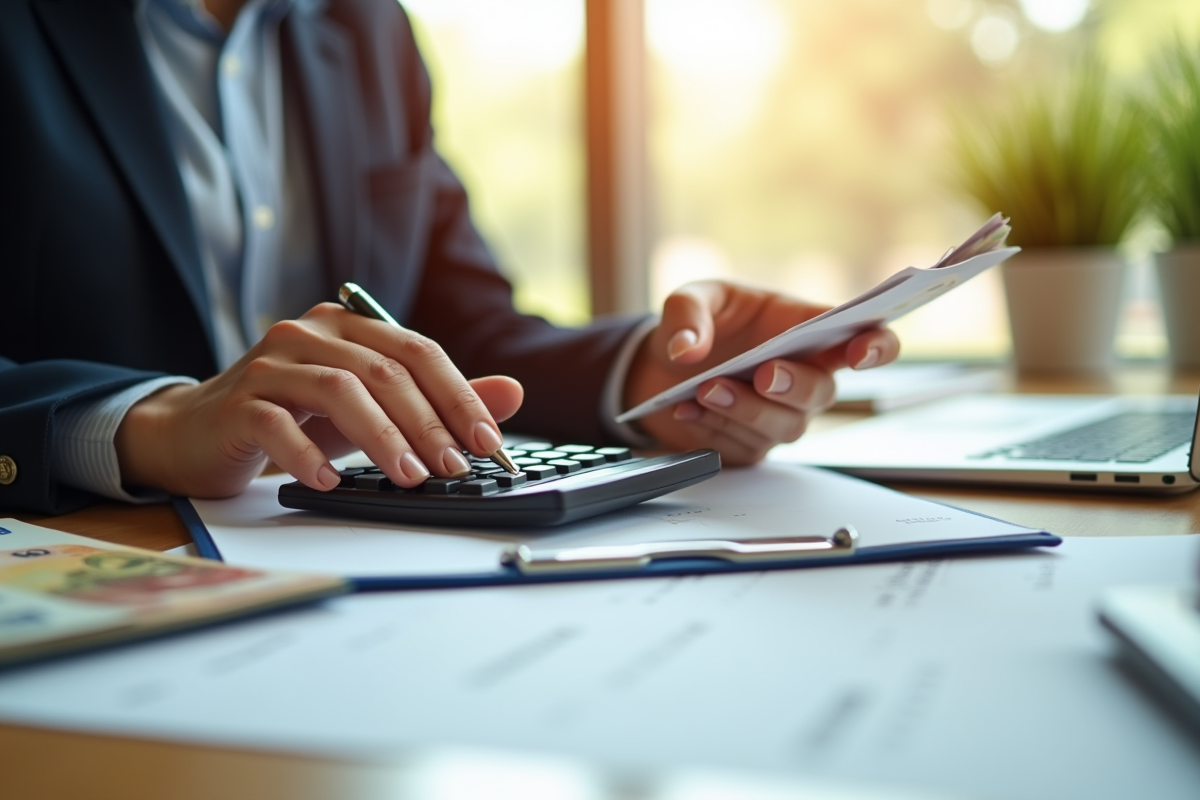 Main utilisant une calculatrice et un carnet avec des billets euros