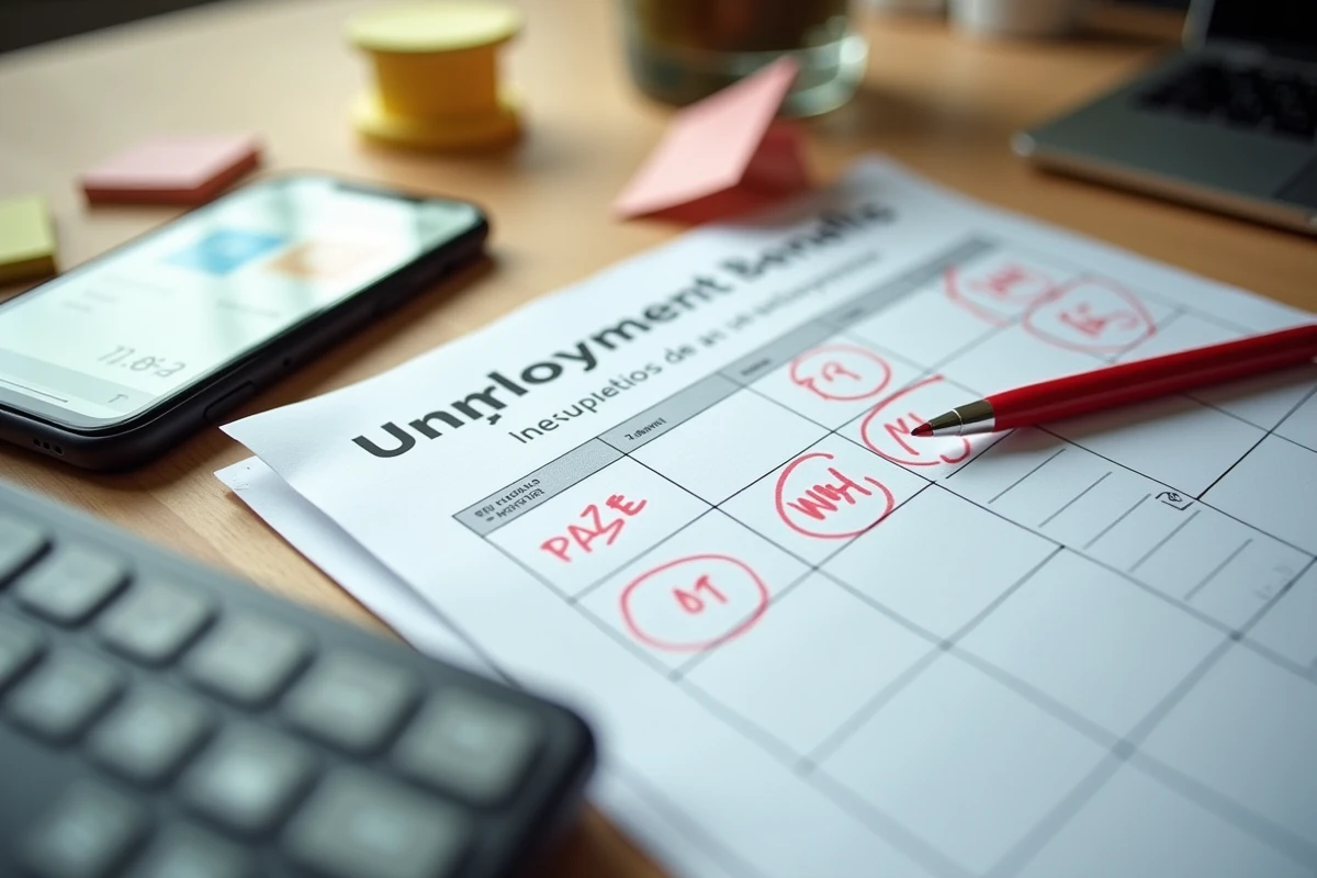 Calendrier de versement Pôle emploi annoté à côté d'un smartphone affichant un compte bancaire en attente de paiement