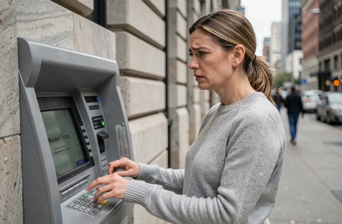 Femme frustrée devant un distributeur automatique avec un message de carte bancaire bloquée après trois mauvais codes PIN