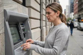 Femme frustrée devant un distributeur automatique avec un message de carte bancaire bloquée après trois mauvais codes PIN