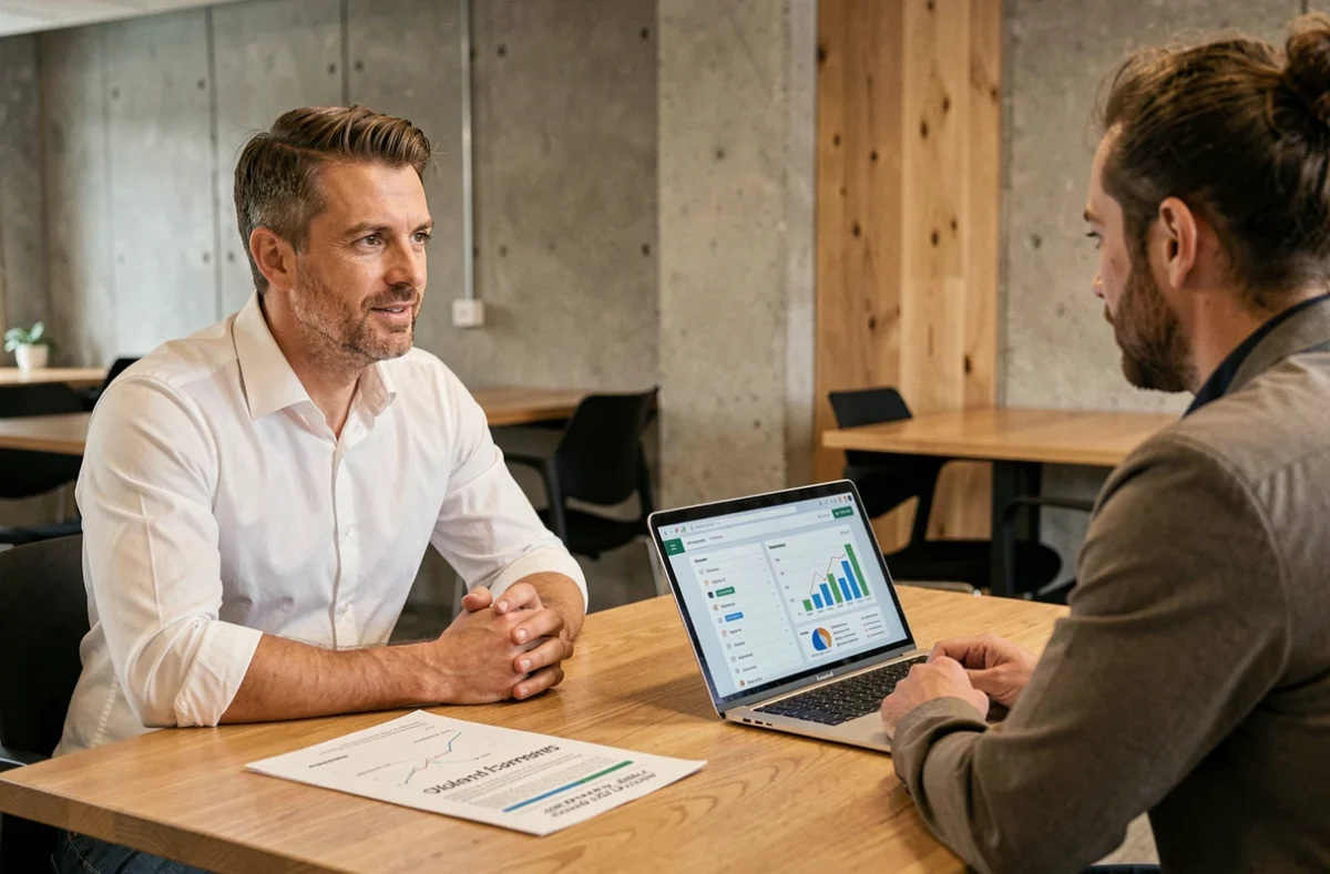 Consultant Cleen Main Solutions présentant un plan de gestion locative à un investisseur dans un espace de co-working orléanais