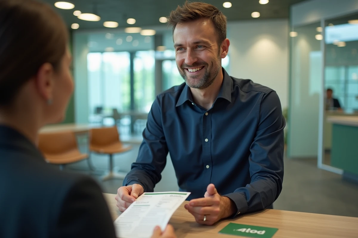 Client remettant un document bancaire avec code banque à un conseiller Crédit Agricole en agence