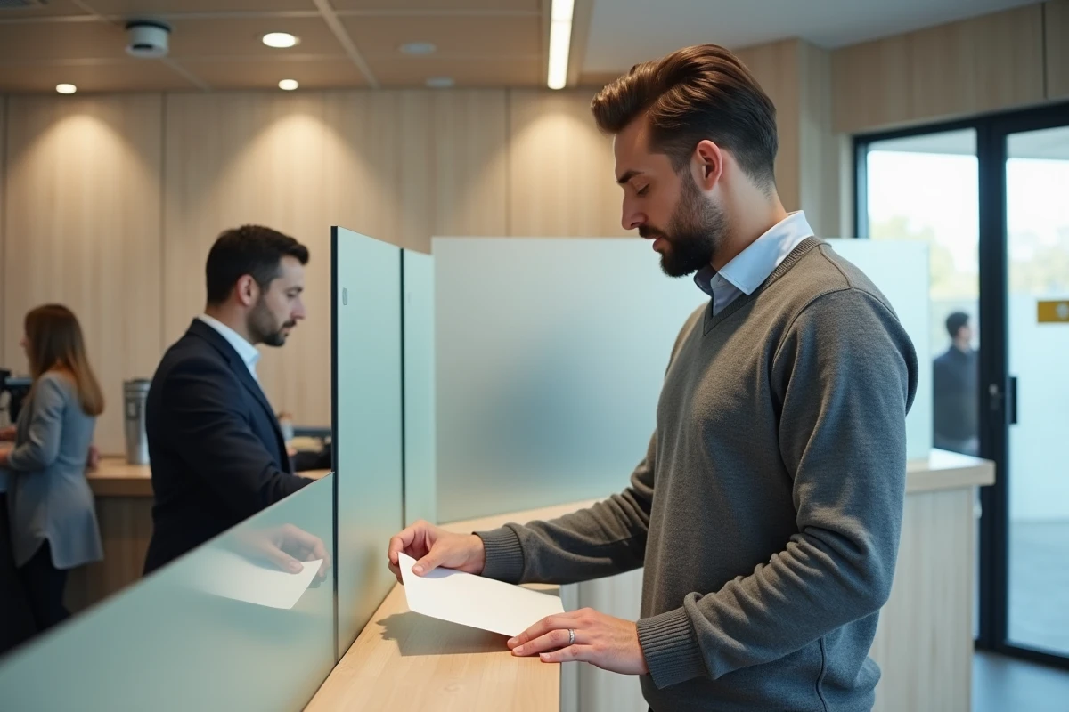 Client masculin effectuant une opération de virement bancaire au guichet de La Banque Postale