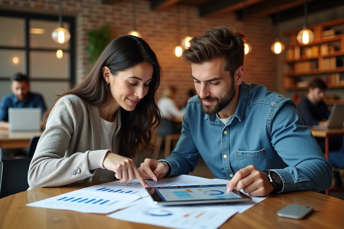 Deux professionnels du marketing collaborant sur des rapports de ROI et un tableau de bord budgétaire numérique dans un espace de coworking