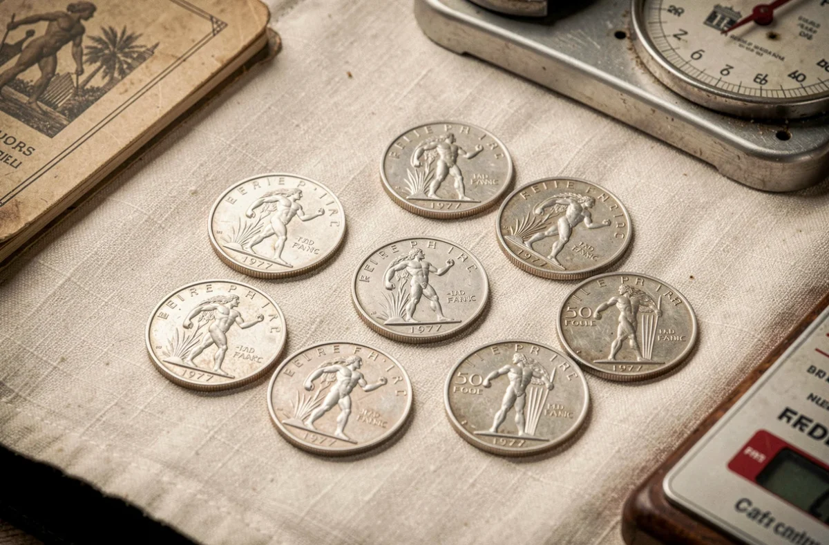 Ensemble de pièces de 50 francs argent 1977 dispersées sur tissu de lin avec guide de cotation et balance de précision