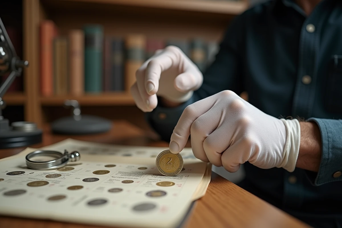 Numismate tenant avec des gants blancs une pièce de 2 euros commémorative des Jeux Olympiques 2026 examinée à la loupe sur un bureau de collectionneur