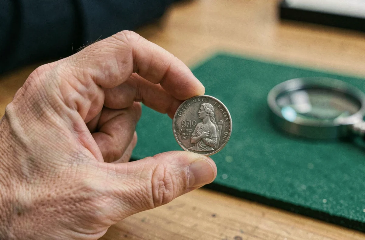 Collectionneur tenant une pièce de 50 francs argent 1977 entre les doigts avec loupe de numismatique en arrière-plan