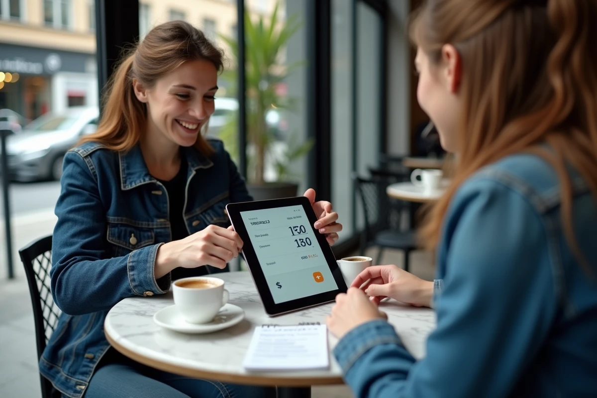 Deux personnes comparant des options de conversion de devises en euros sur une tablette dans un café moderne