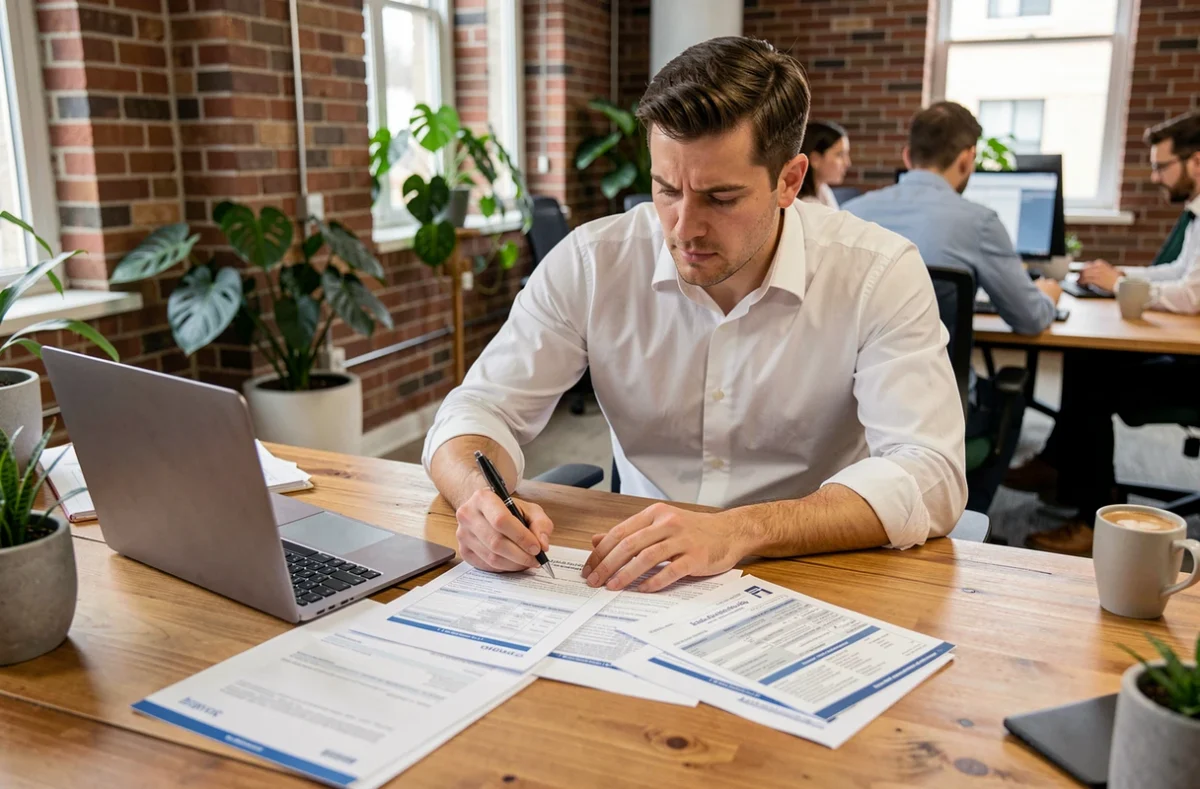 Professionnel comparant des formules d'assurance voyage dans un bureau moderne
