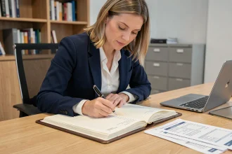Comptable femme enregistrant une écriture de paiement comptant dans un grand livre comptable
