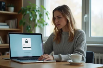 Femme devant un ordinateur portable affichant une page de connexion bloquée sur son compte LEFILE Crédit Agricole