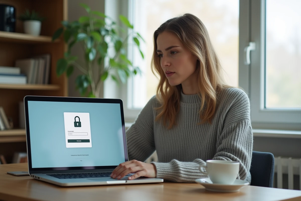 Femme devant un ordinateur portable affichant une page de connexion bloquée sur son compte LEFILE Crédit Agricole