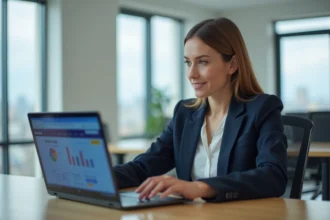 Femme professionnelle connectée à l'espace Cyberplus Banque Populaire Sud Ouest sur son ordinateur portable au bureau