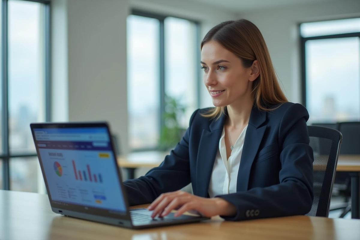 Femme professionnelle connectée à l'espace Cyberplus Banque Populaire Sud Ouest sur son ordinateur portable au bureau