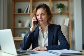 Femme professionnelle contactant un conseiller de la Banque Postale par téléphone depuis son bureau à domicile