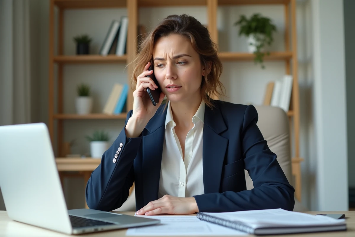 Femme professionnelle contactant un conseiller de la Banque Postale par téléphone depuis son bureau à domicile