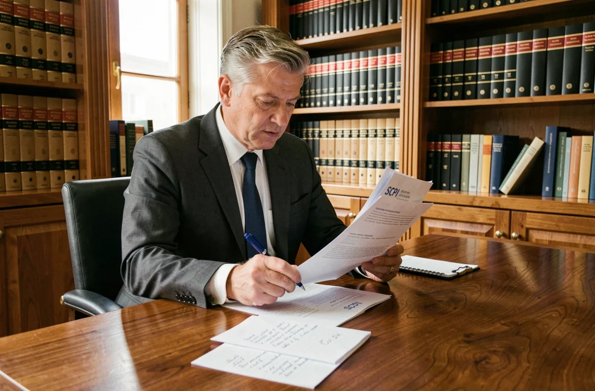 Conseiller financier analysant des documents SCPI et des calculs IFI sur un bureau en chêne