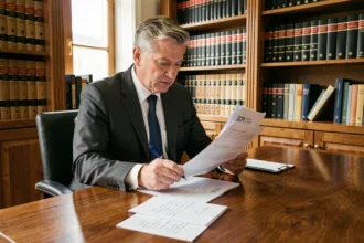 Conseiller financier analysant des documents SCPI et des calculs IFI sur un bureau en chêne