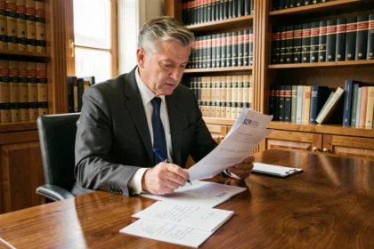 Conseiller financier analysant des documents SCPI et des calculs IFI sur un bureau en chêne