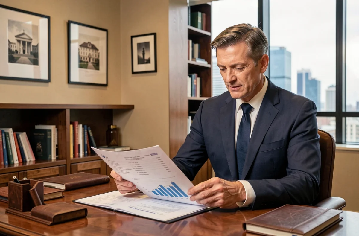 Conseiller financier analysant des documents de SCPI Épargne Pierre dans un bureau professionnel