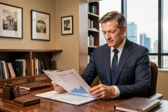 Conseiller financier analysant des documents de SCPI Épargne Pierre dans un bureau professionnel